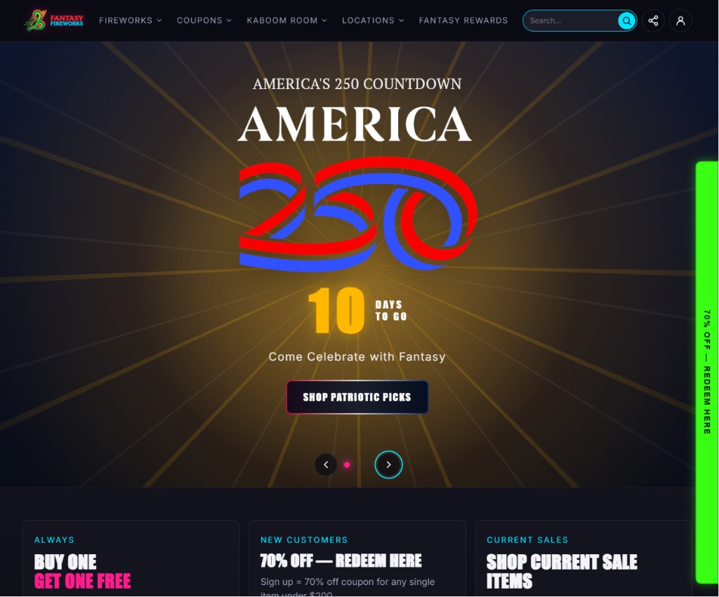 Screenshot of the Fantasy Fireworks website homepage